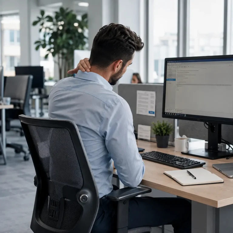 Employee at an ergonomically adjusted workstation, workstation assessment in progress, home office setup, before-and-after workstation layout.