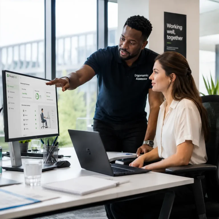 Employee receiving a DSE workstation assessment in a UK office", "Correct ergonomic workstation setup", "Home office ergonomic assessment", "Adjusting monitor height during a workstation assessment